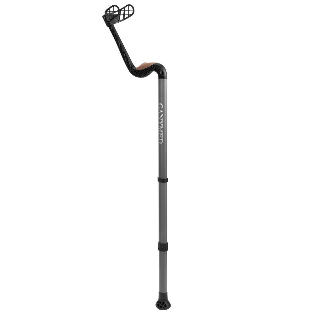 Unterarmgehhilfe mit schwarzem Armauflage und Griff, grauer Schaft, GANYMED®-Logo.