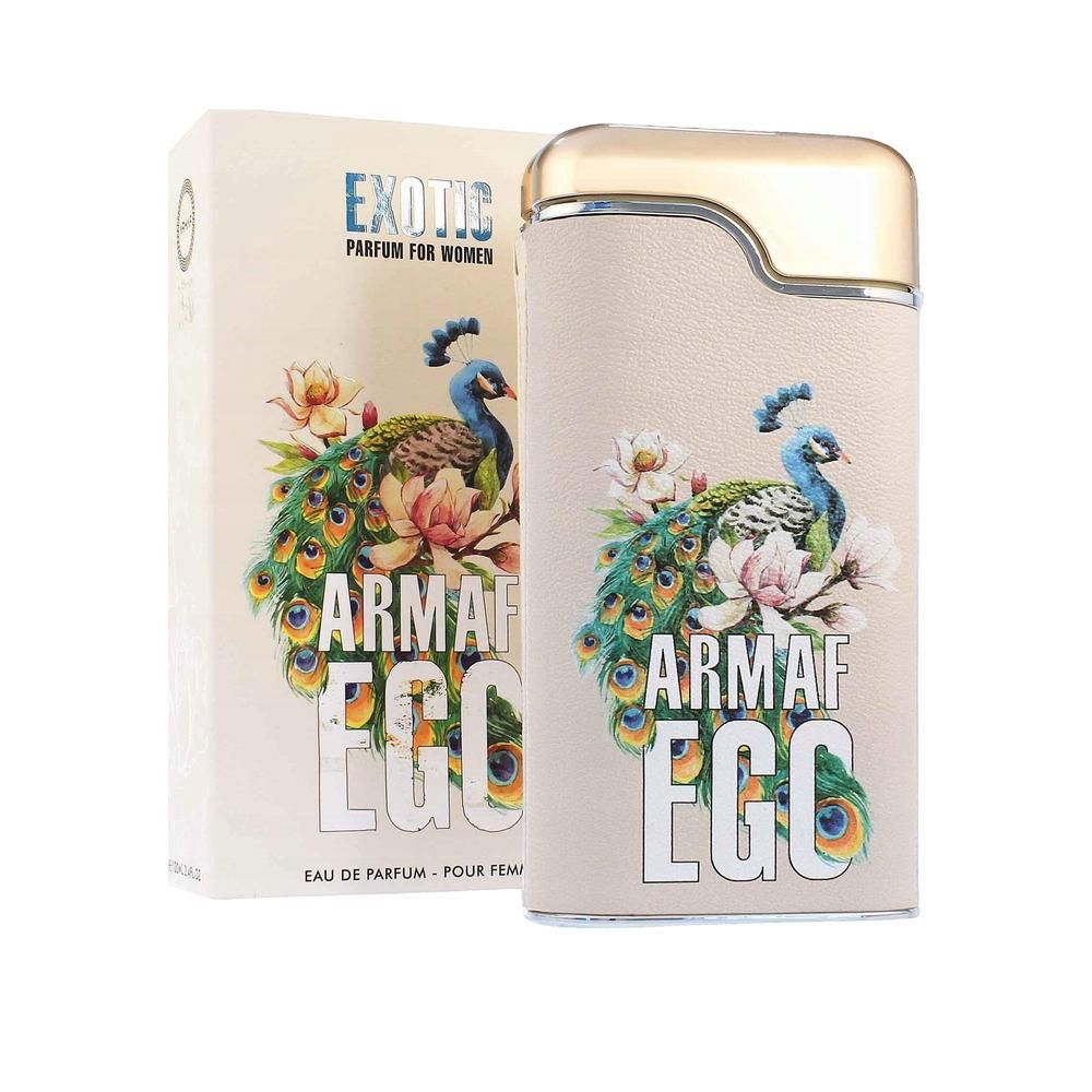 Parfumflakon und Verpackung. Beige Flakon mit goldenem Deckel, Pfau-Illustration. Verpackung mit Logo und Text.