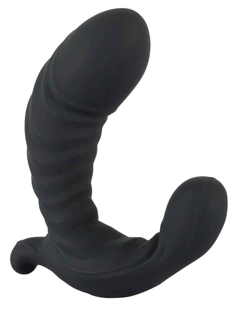 Schwarzer G&P-Spot-Vibrator mit gebogener Form und geripptem Schaft.