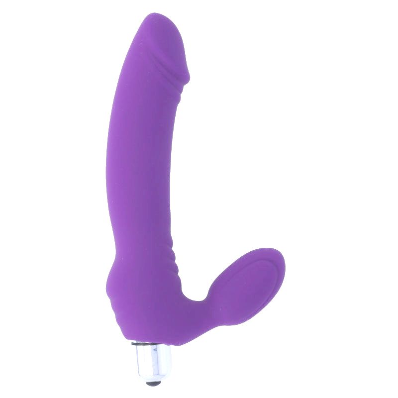 Lila Vibrator mit gebogener Form. Silikon-Material. Basis mit Metallakzent.