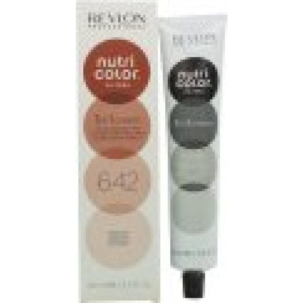 Haarfarben-Tube und Verpackung. Marke Revlon. Farbton 642, Castaño. 3-in-1-Creme.