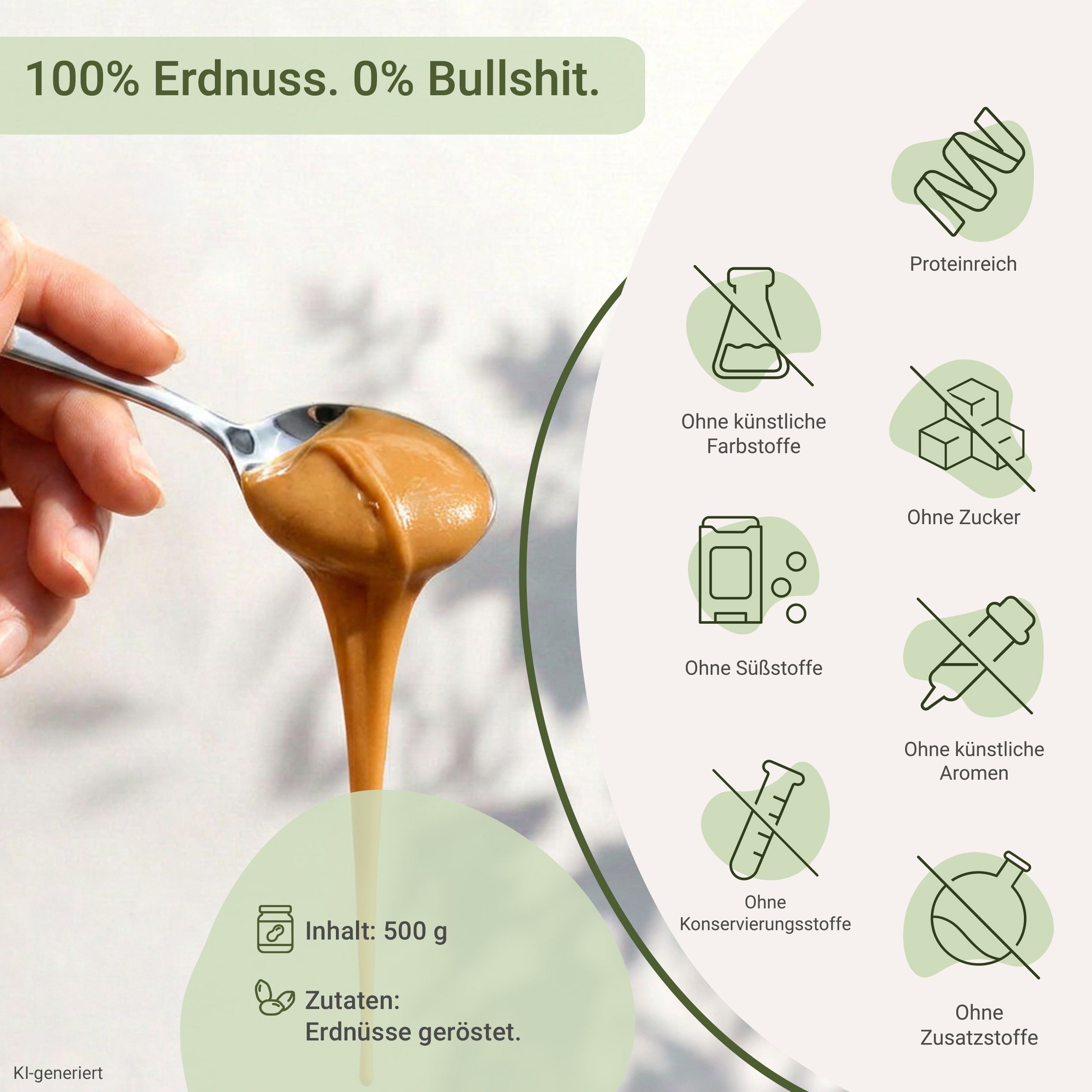 Löffel mit cremiger Erdnussbutter, die heruntertropft, und Icons mit Produktmerkmalen.