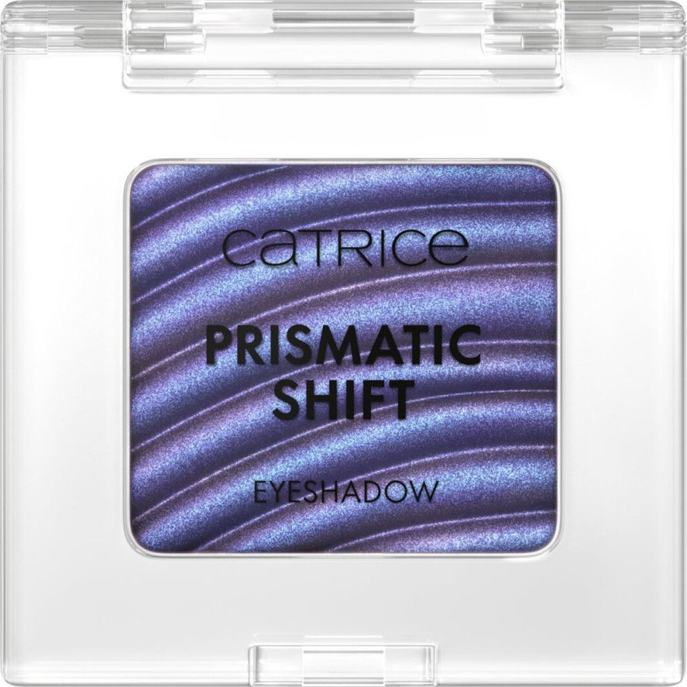 Quadratische Lidschatten-Palette in transparenter Verpackung. Auf der Palette steht 'CATRICE PRISMATIC SHIFT EYESHADOW'.