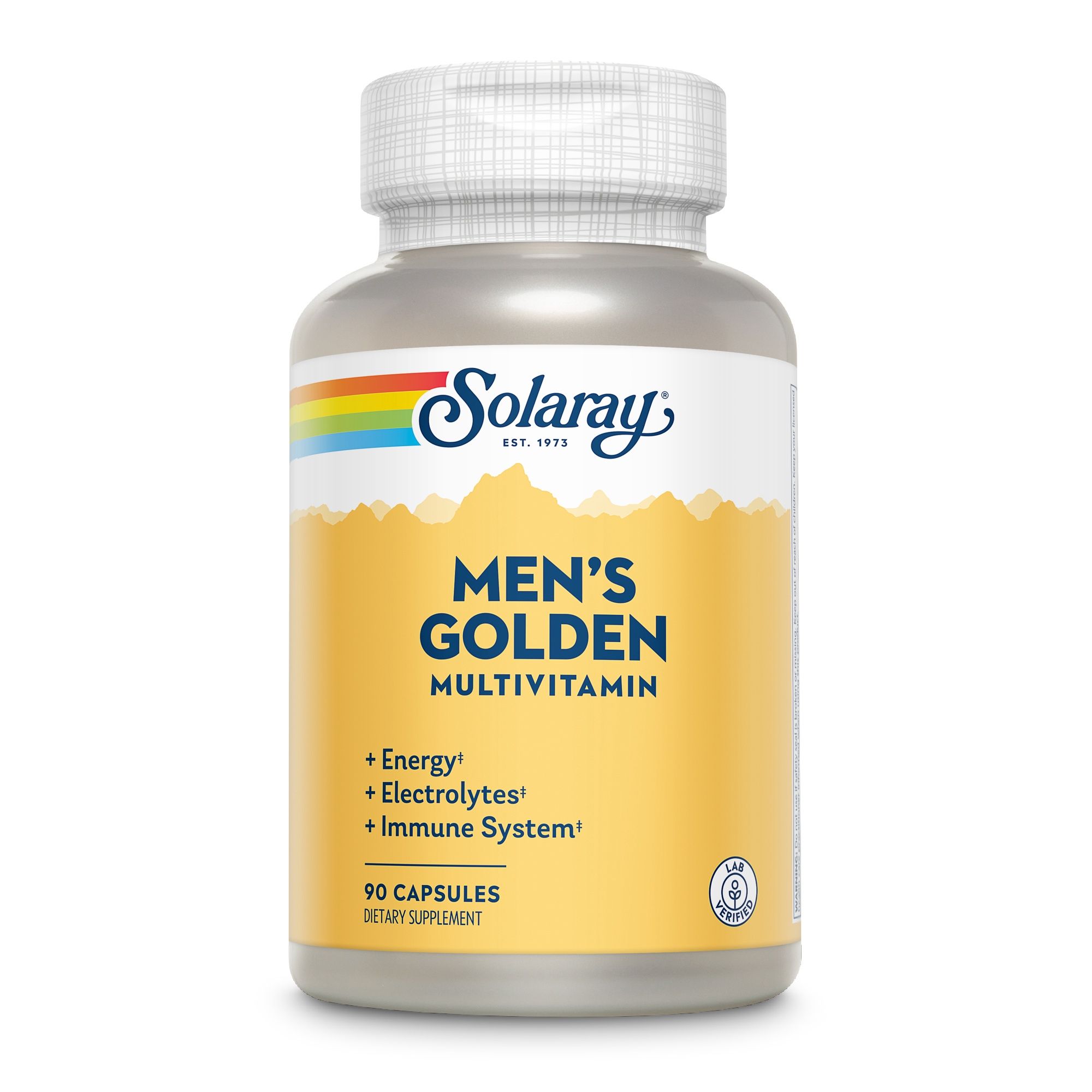 Solaray Men's Golden Multi-Vita-Min Flasche. Gelbes Etikett. Text: Men's Golden Multivitamin, 90 Kapseln.