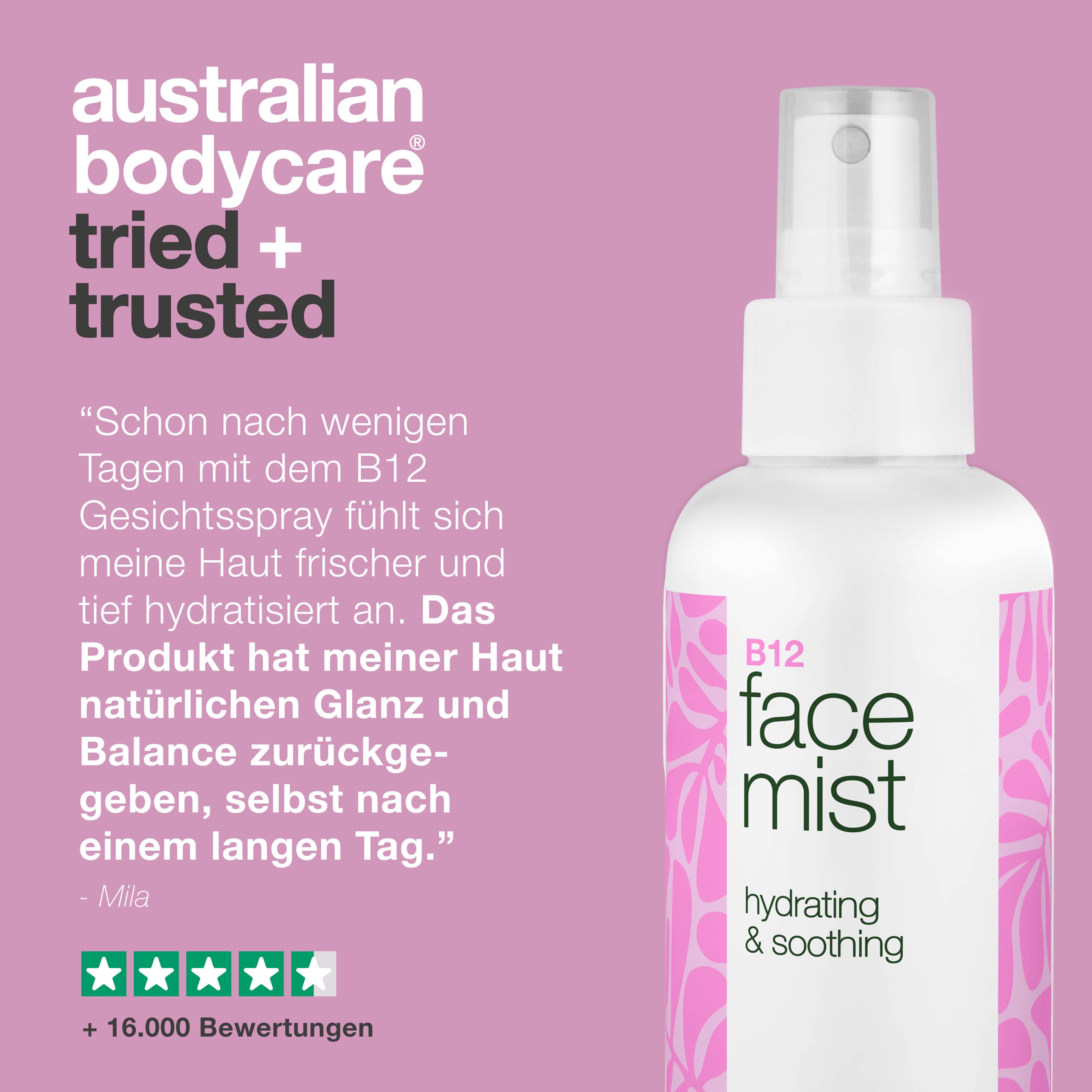 Gesichtsspray neben Text. Text: B12 Gesichtsspray, meine Haut ist frischer. Marke: Australian Bodycare. B12 face mist.