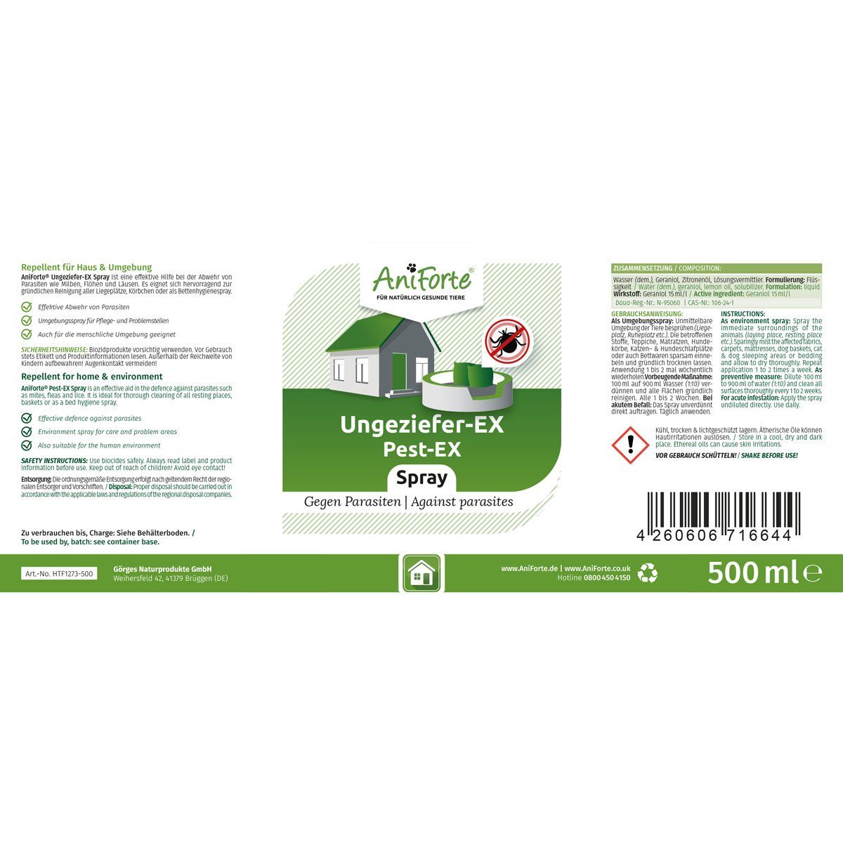 Etikett einer Sprühflasche. Text: AniForte, Ungeziefer-EX Spray. Gegen Parasiten. Enthält Informationen zur Anwendung und Sicherheit.