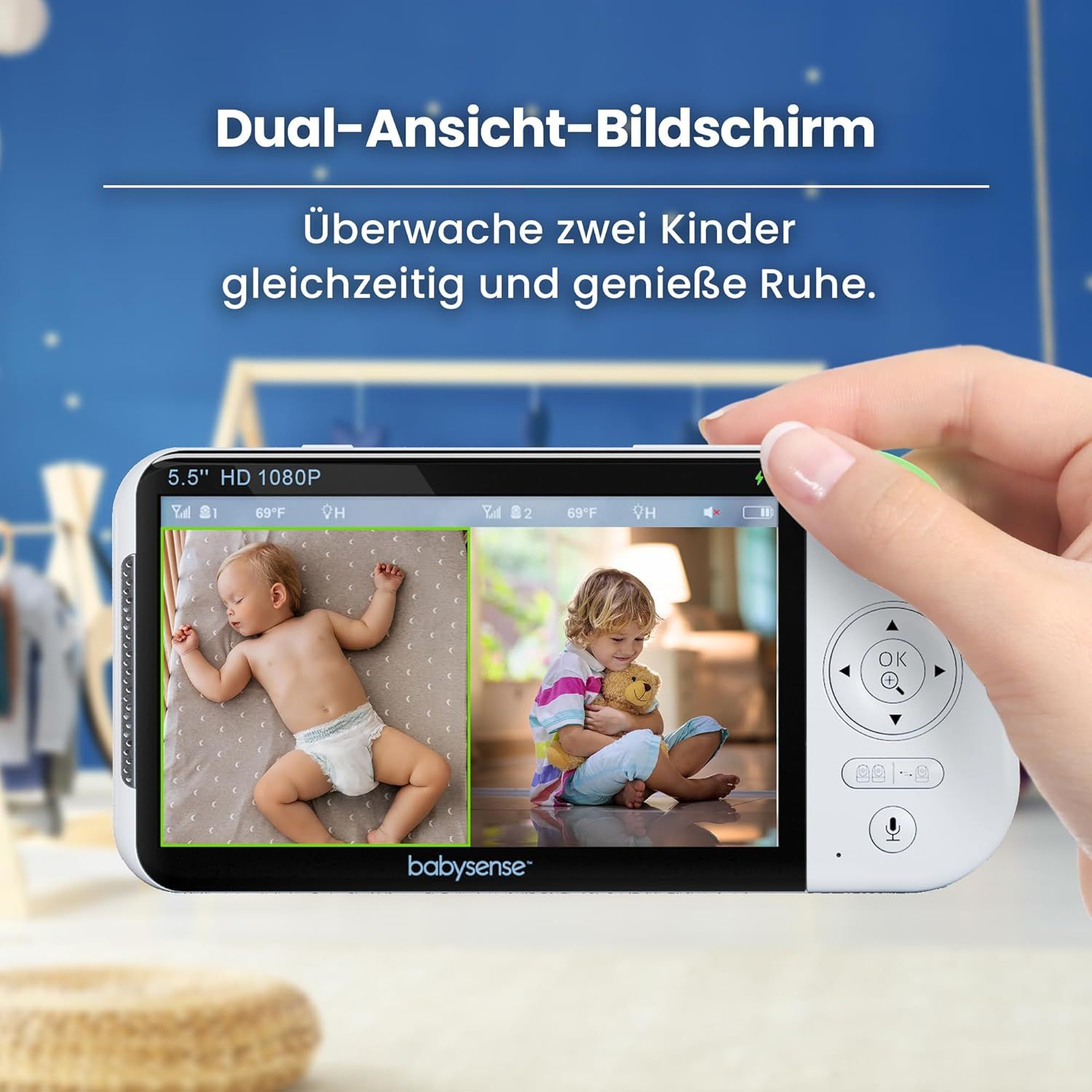 Babysense Full HD Split-Screen Babyphone mit 2 Kameras