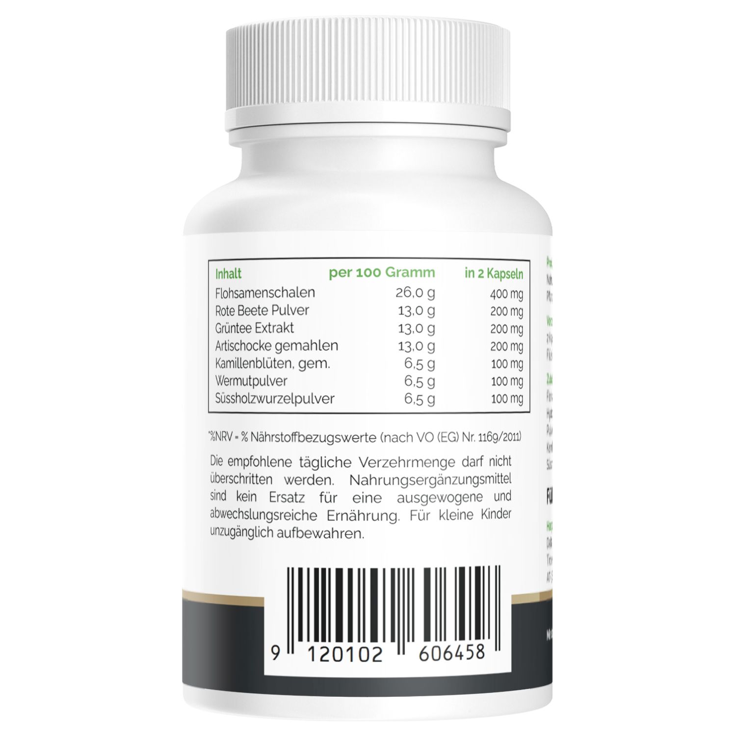 Rückseite einer weißen Flasche. Nährwerttabelle mit Inhaltsstoffen pro 100g und pro 2 Kapseln. Barcode unten.