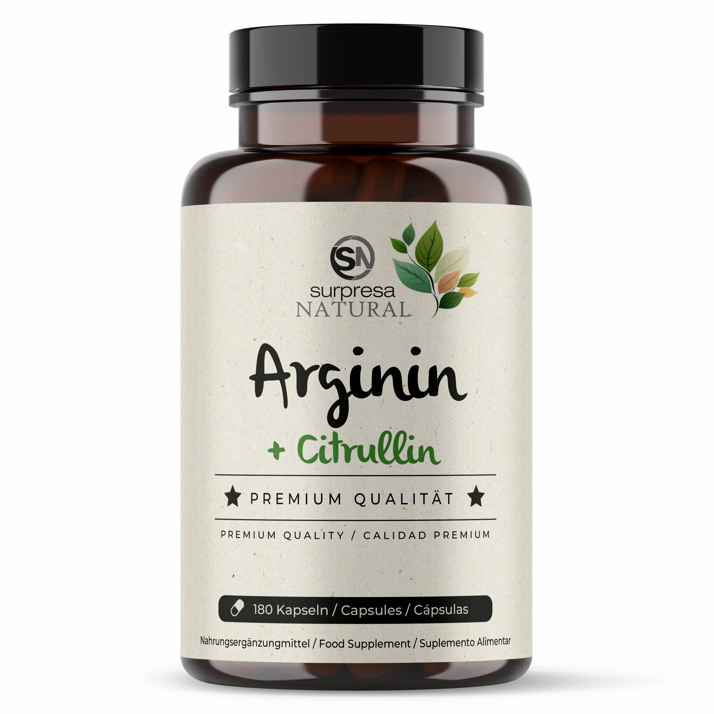 Braune Flasche mit Kapseln. Aufschrift: Surpresa Natural, Arginin + Citrullin, Premium Qualität. 180 Kapseln.
