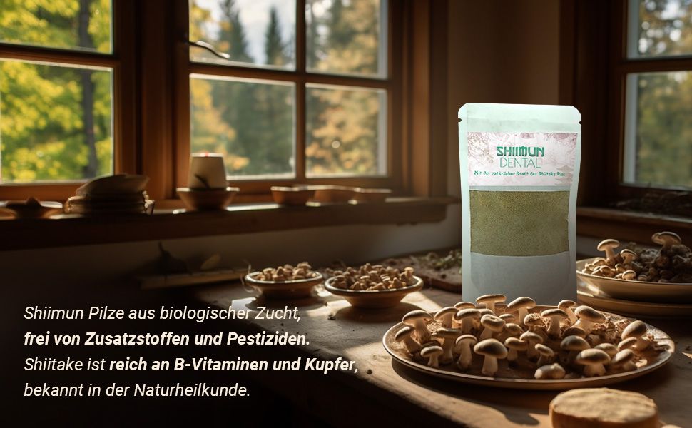 Shiimun Dental Beutel neben Pilzen. Text über Shiitake-Pilze. Holzfenster im Hintergrund.
