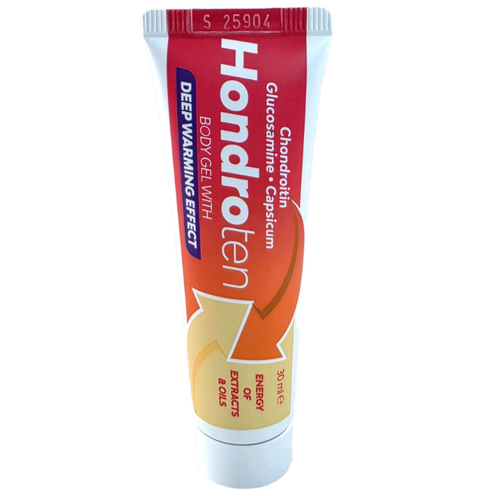 Tube Hondroten. Enthält Chondroitin, Glucosamin, Capsicum. Orangefarbenes Design mit weißer Schrift. 30 ml.