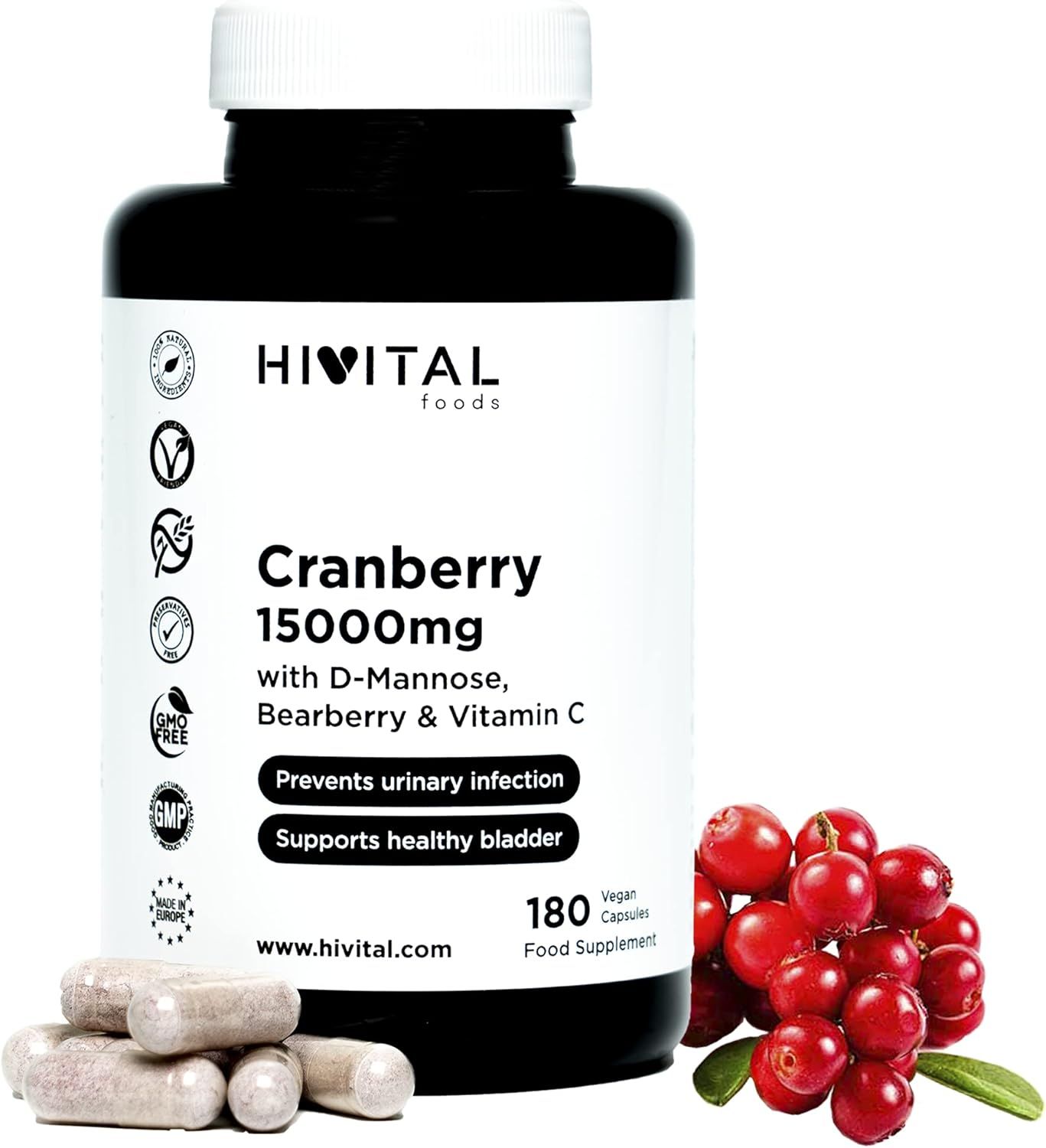 Schwarze Flasche mit weißen Etikett. Text: HIVITAL, Cranberry 15000mg, 180 Kapseln. Vegan, glutenfrei, GMP-Zertifizierung. Cranberry-Früchte.