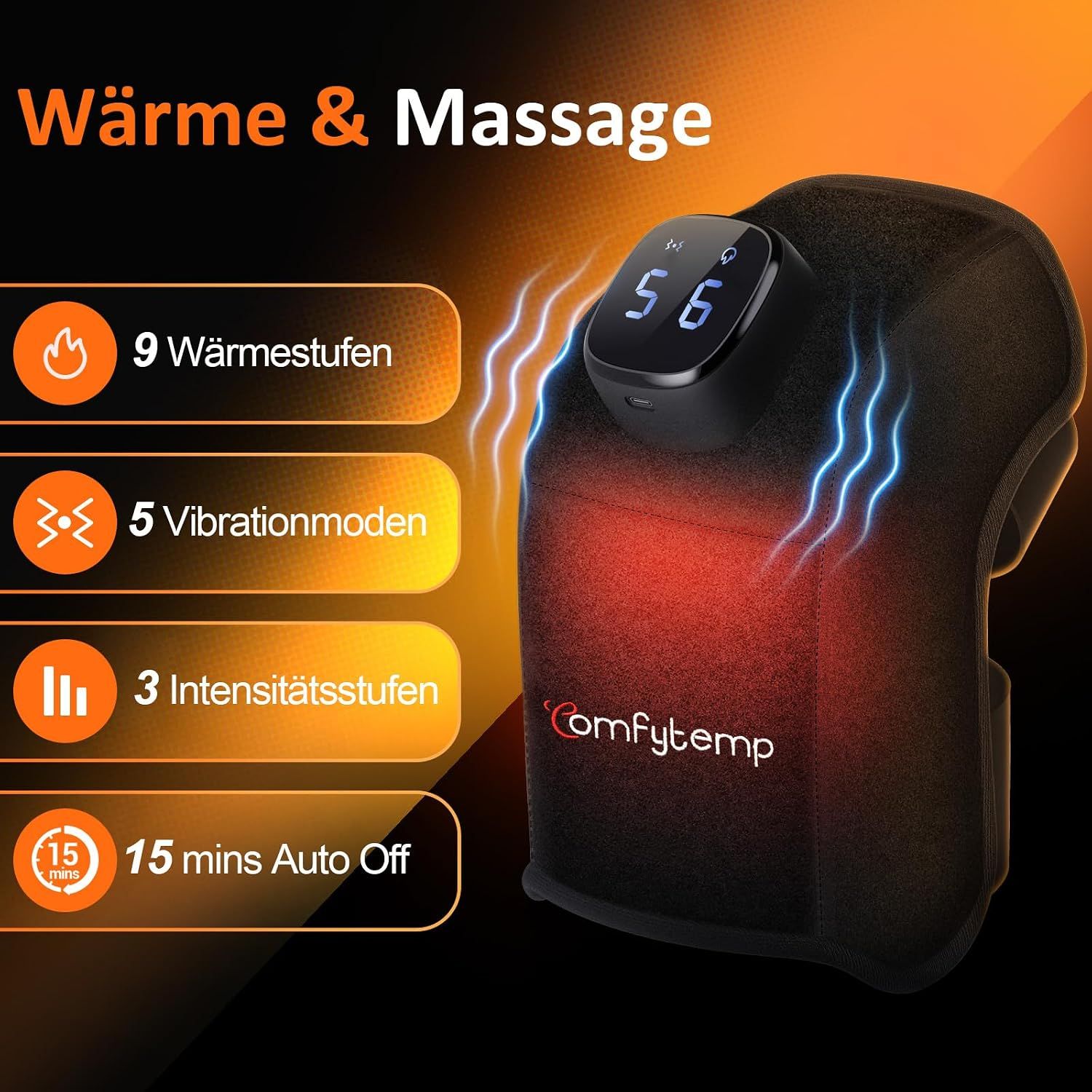 Schwarzes Knie-Massagegerät mit Heizfunktion, Vibration und digitaler Anzeige.