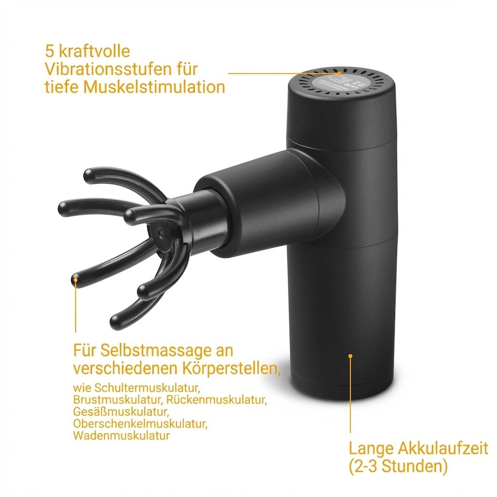 Schwarze Massagepistole mit Finger-Aufsatz, zeigt 5 Vibrationsstufen und Akkulaufzeit.