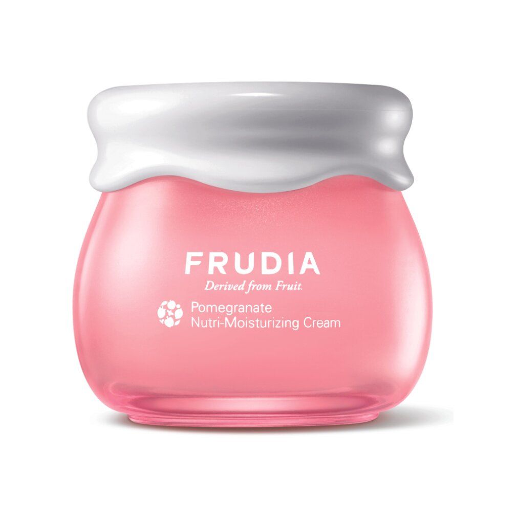 Rosa Tiegel mit weißem Deckel. Aufschrift: FRUDIA, Pomegranate Nutri-Moisturizing Cream.
