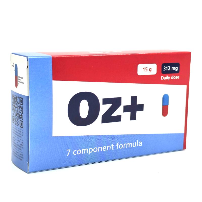 Verpackung von Oz+ mit 15g und 312mg Tagesdosis. Enthält eine 7-Komponenten-Formel.
