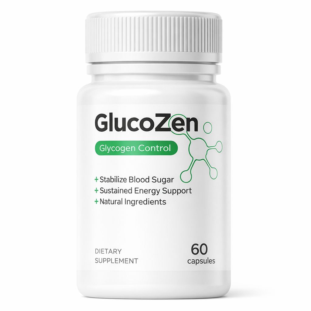 Weiße Flasche mit Kapseln. Aufschrift: GlucoZen, Glycogen Control. Enthält 60 Kapseln. Zusätzliche Angaben: Stabilisiert Blutzucker, natürliche Inhaltsstoffe.