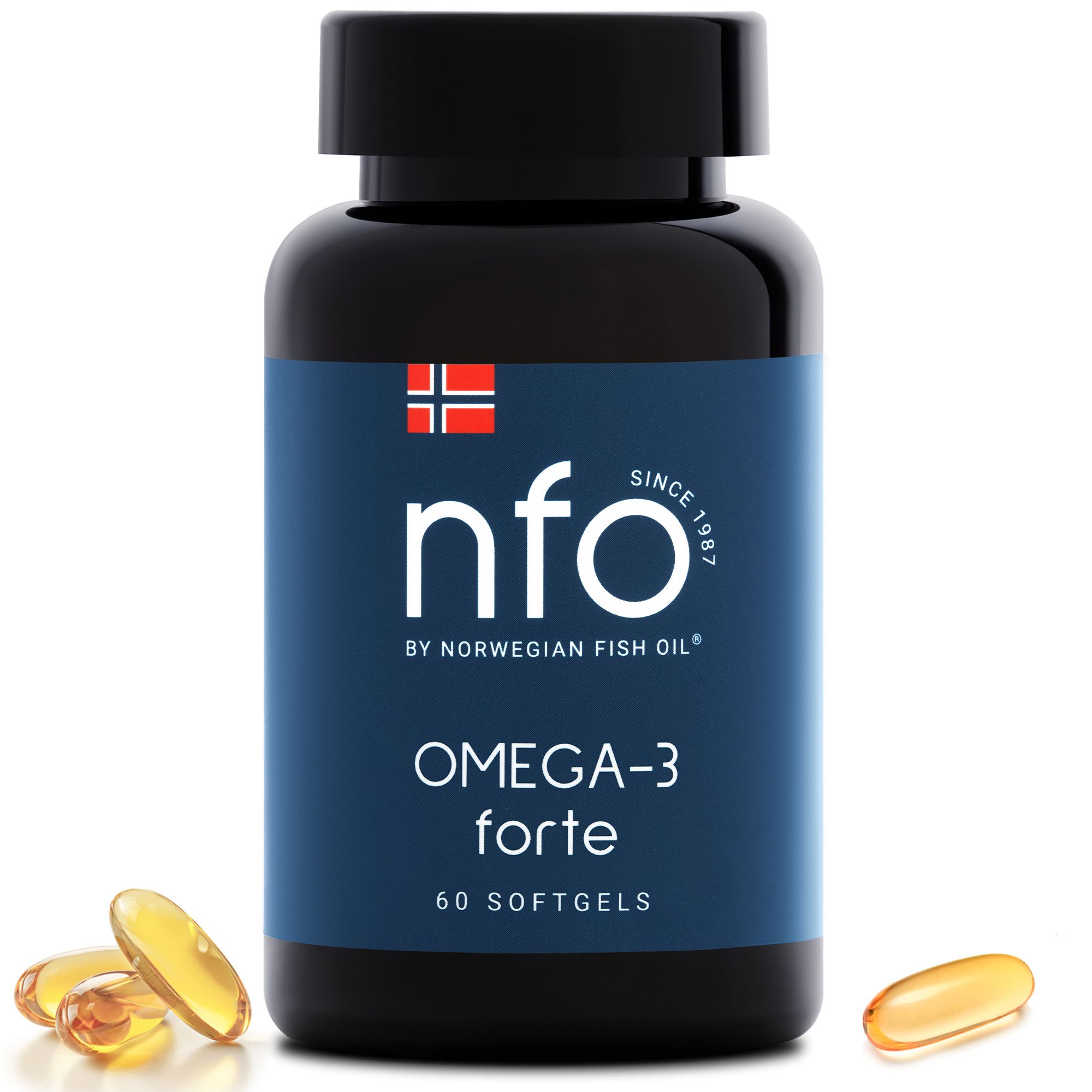 Dunkle Flasche mit blauem Etikett. Aufschrift: nfo, Omega-3 forte, 60 Softgels. Daneben Kapseln.
