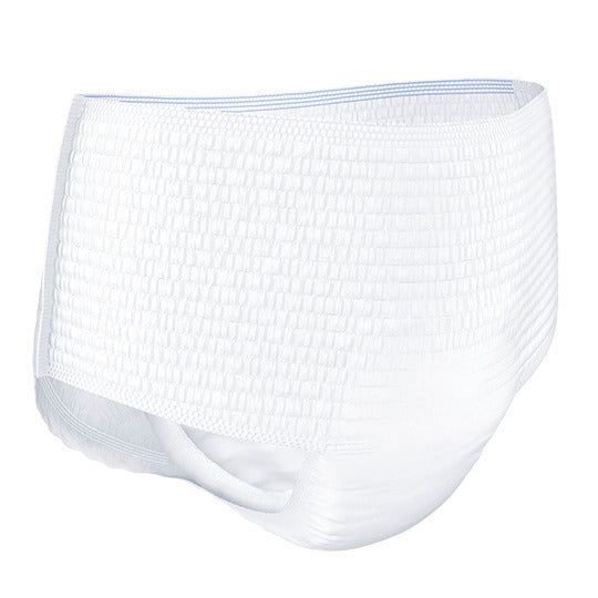 Weiße TENA Pants. Die Pants sind aus einem strukturierten Material gefertigt. Der Bund ist blau gestreift.