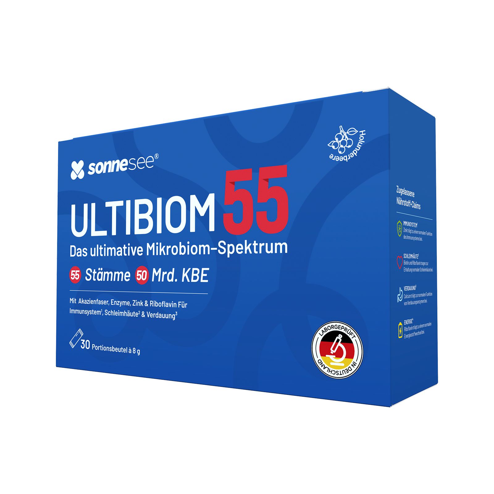 SonneSee ULTIBIOM 55 Pulver: Blaue Verpackung mit Produktinformationen und 30 Portionsbeuteln.