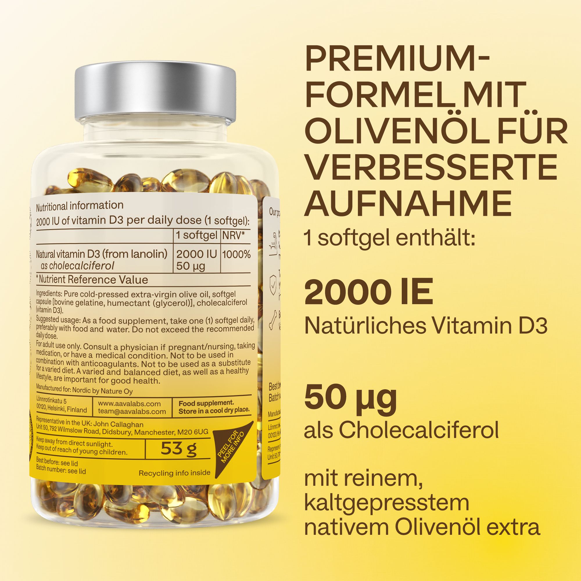Rückseite der Vitamin D3-Flasche. Enthält Informationen zur Premium-Formel mit Olivenöl.