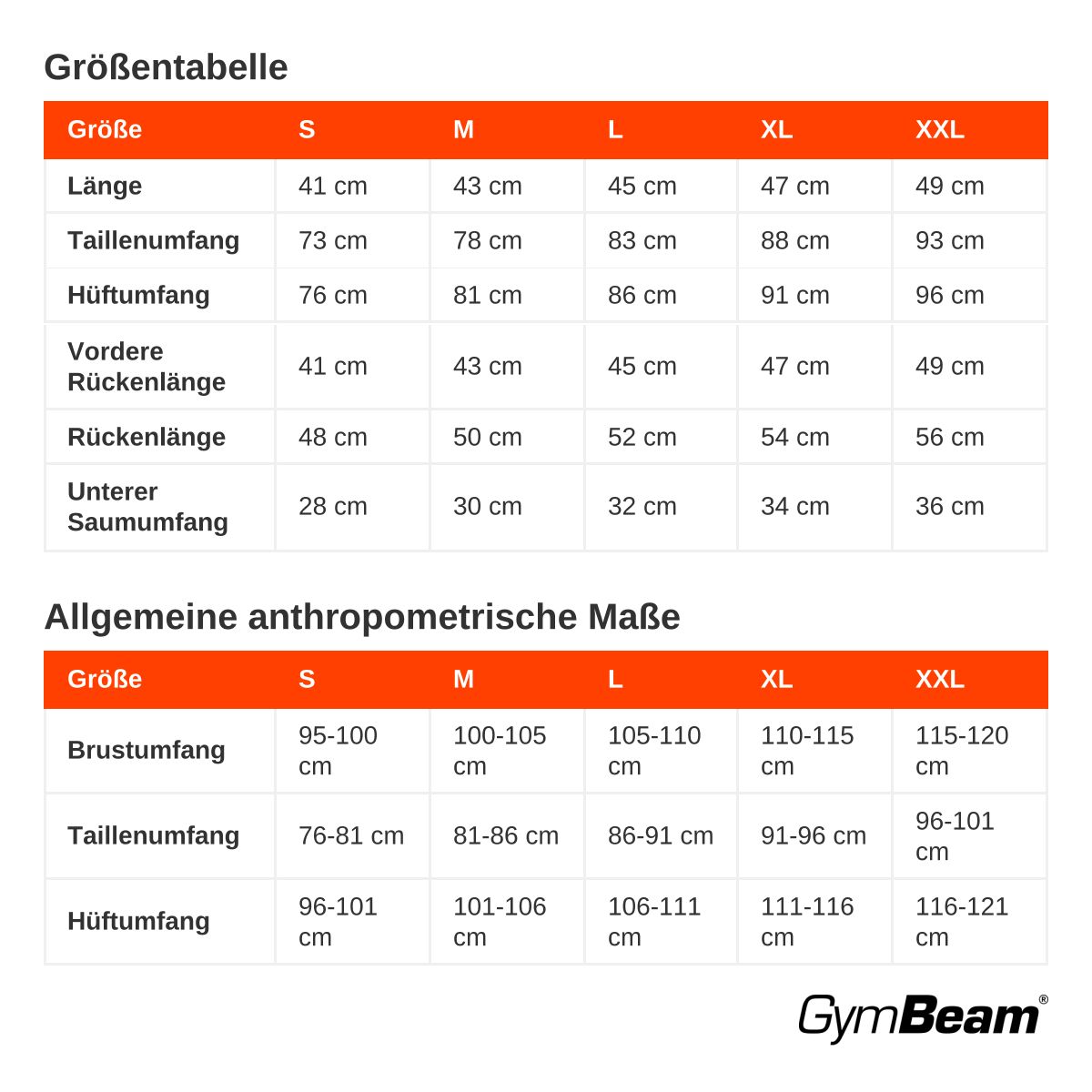 Größentabelle für Herren-Shorts: Größen S-XXL, Maße für Länge, Taille, Hüfte.