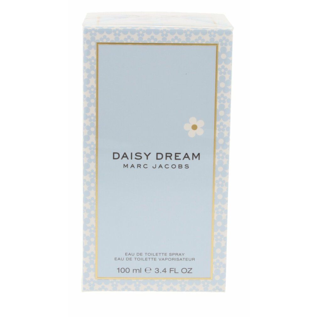 Hellblaue Verpackung mit Aufschrift: DAISY DREAM MARC JACOBS. Blumenmuster und goldfarbener Rahmen.