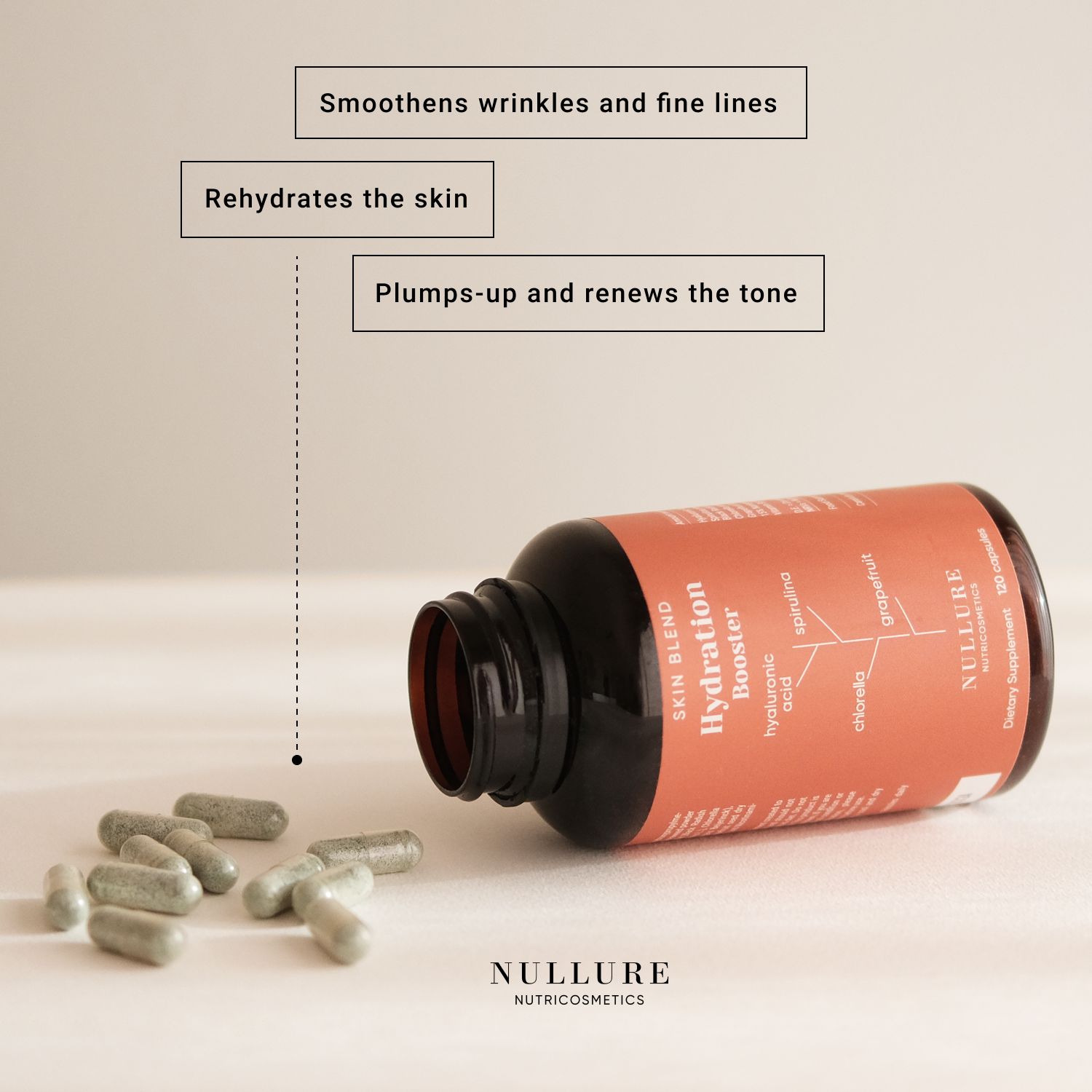 Braune Flasche mit Kapseln. Aufschrift: Skin Blend Hydration Booster. Inhaltsstoffe: Hyaluronsäure, Spirulina, Chlorella, Grapefruit. Marke: Nullure.