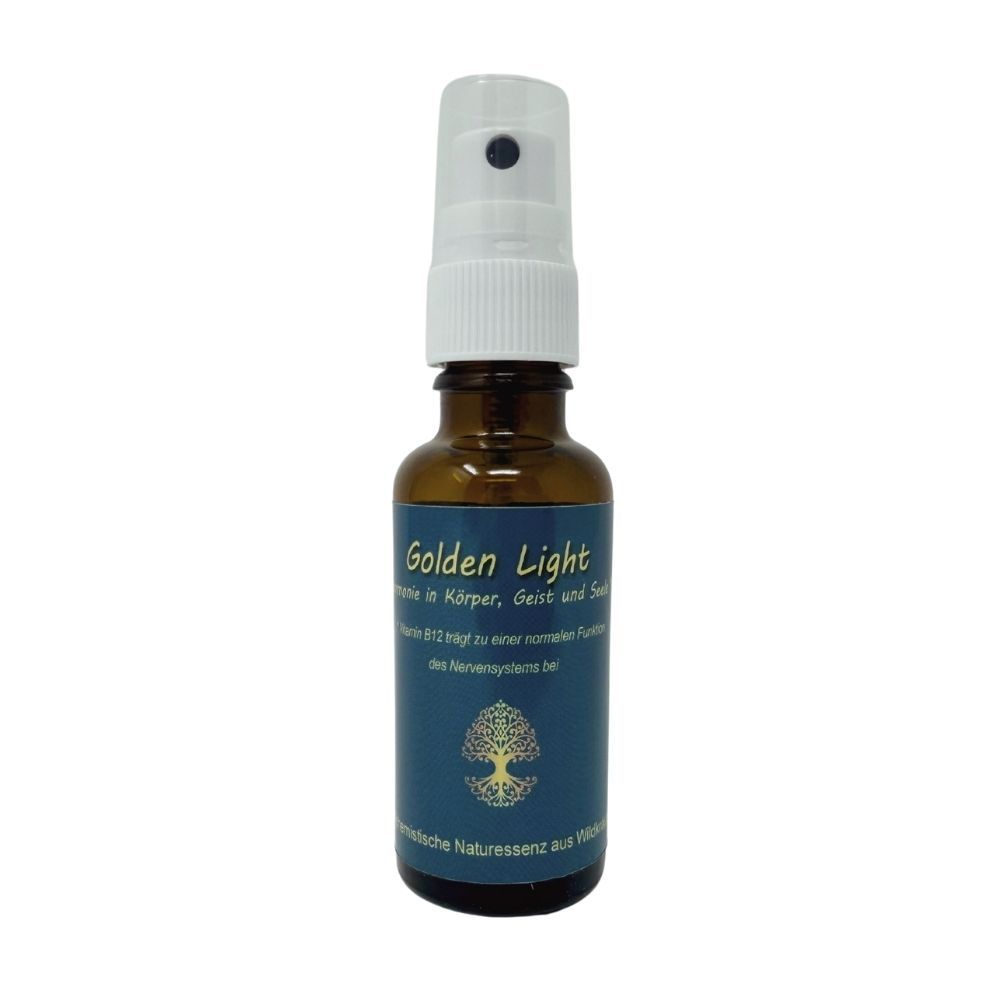 Golden Light Spray in brauner Glasflasche mit Sprühkopf, 30ml.