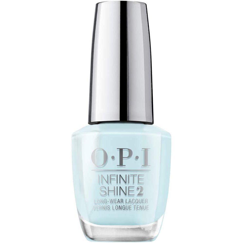 OPI Nagellackflasche Infinite Shine 2 in Hellblau. Silberner Deckel. Aufschrift: OPI, Infinite Shine 2, Long-Wear Lacquer.