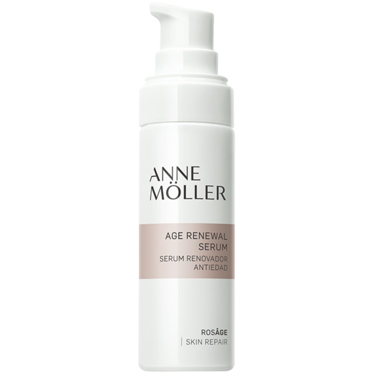 Weiße Flasche mit Pumpe. Aufschrift: Anne Möller, Age Renewal Serum, Rosâge Skin Repair.