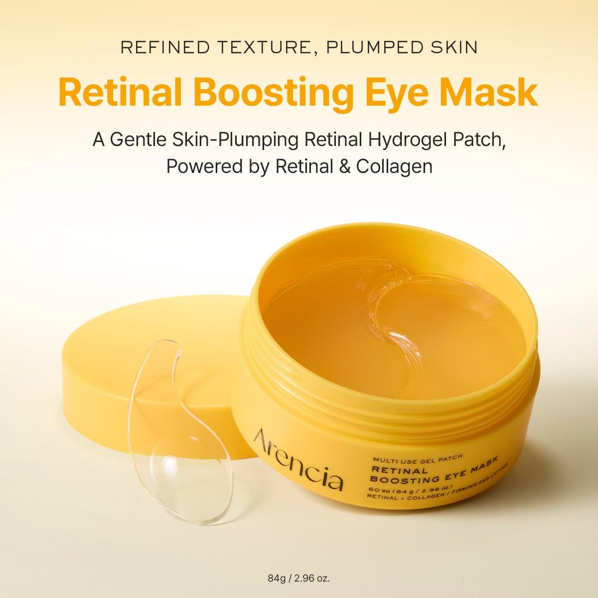 Offener gelber Behälter mit Arencia Retinal Boosting Eye Mask Gel-Pads und dem Produktnamen.