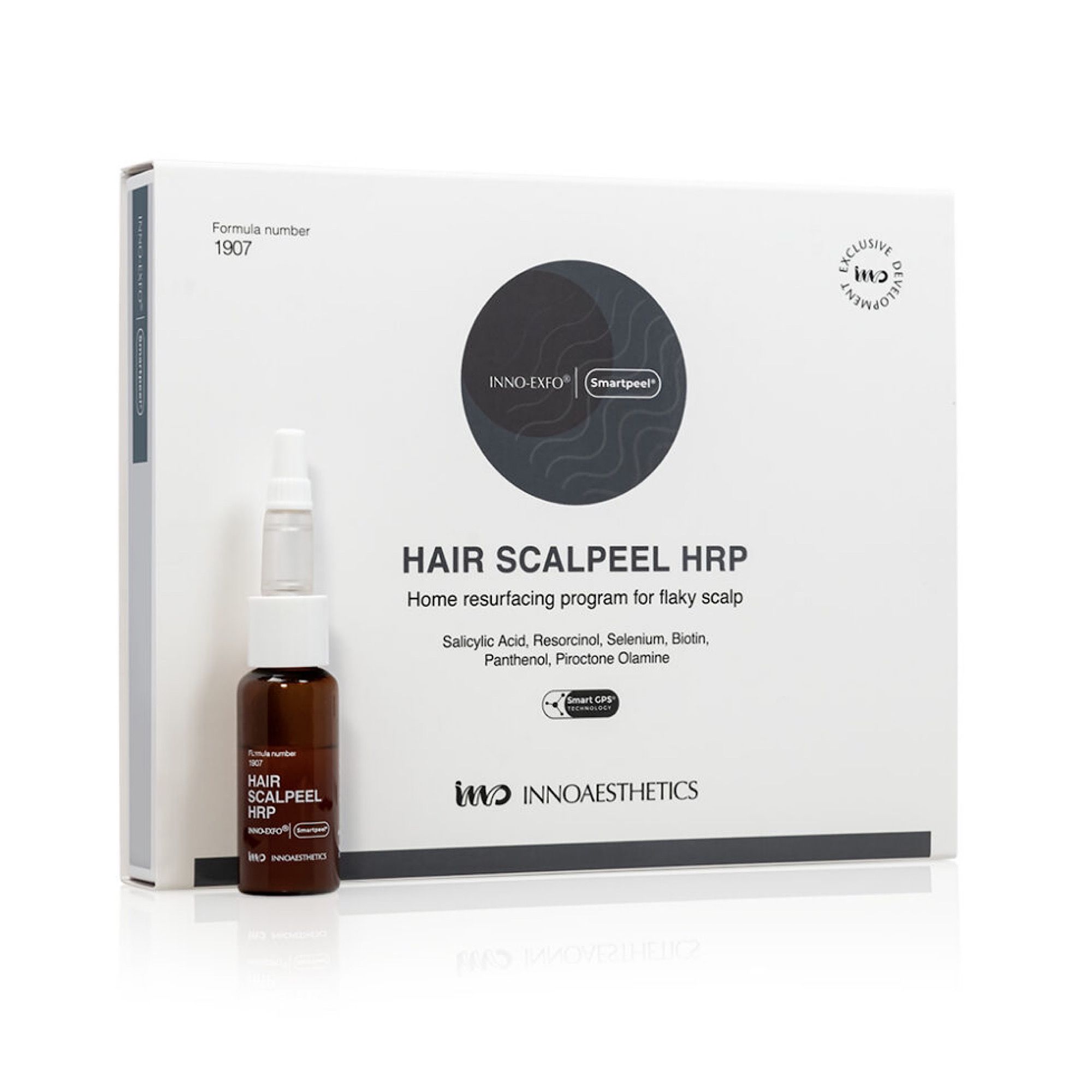 Produktverpackung mit Flasche. Aufschrift: HAIR SCALPEEL HRP. Enthält Salicylsäure, Resorcinol, Selen, Biotin, Panthenol, Pirocton-Olamin.