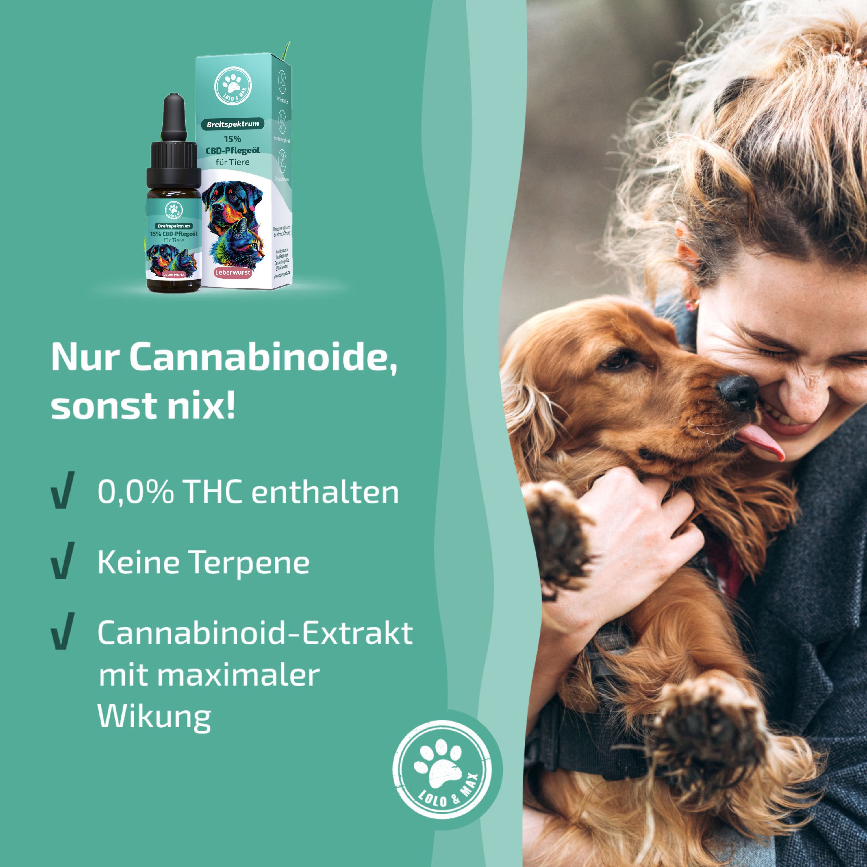 Frau umarmt Hund. Text: Nur Cannabinoide, sonst nix! 0,0% THC enthalten. Keine Terpene. Cannabinoid-Extrakt.