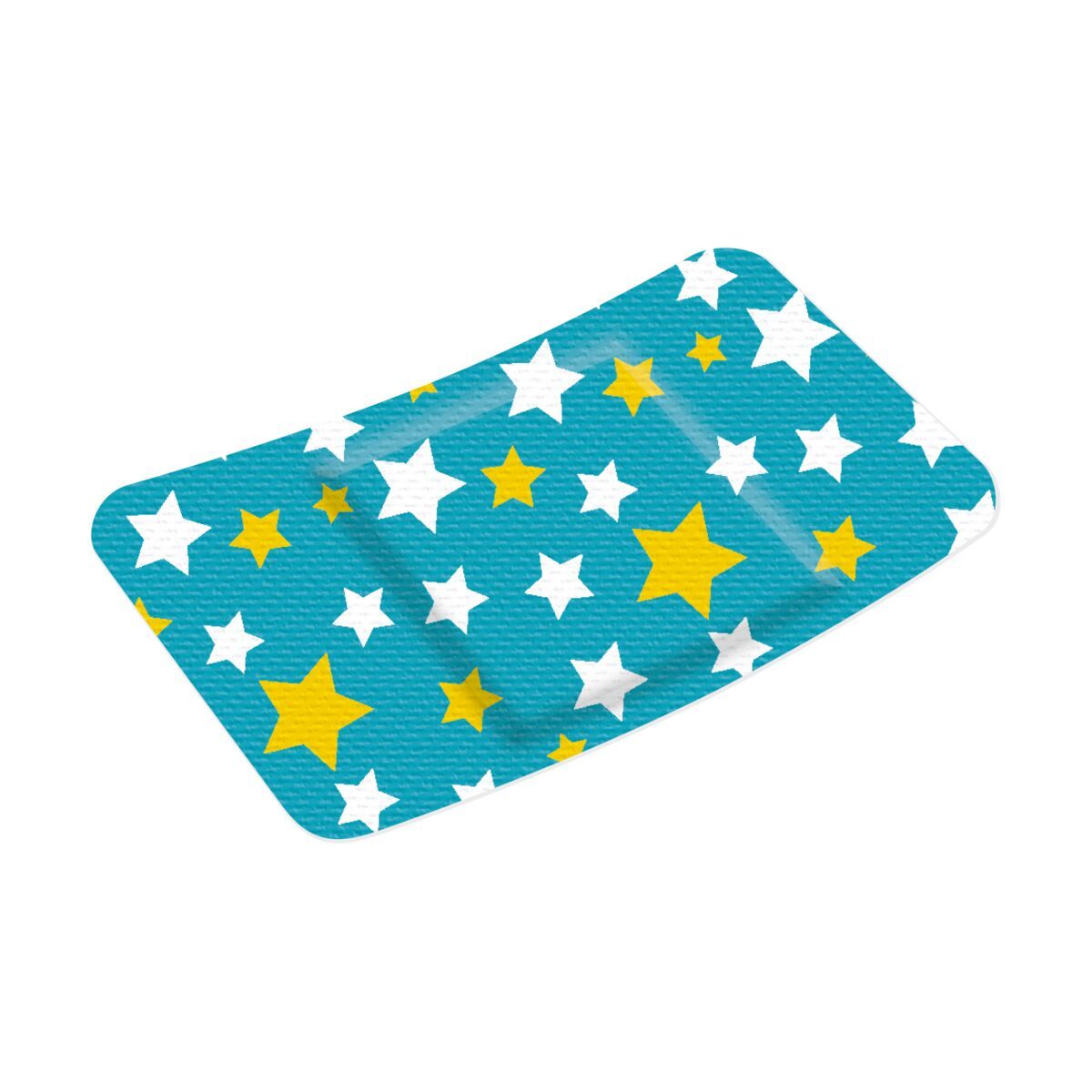 Ein einzelner WERO FunkelStern Pflasterstrip für Kinder, blau mit weißen und gelben Sternen.