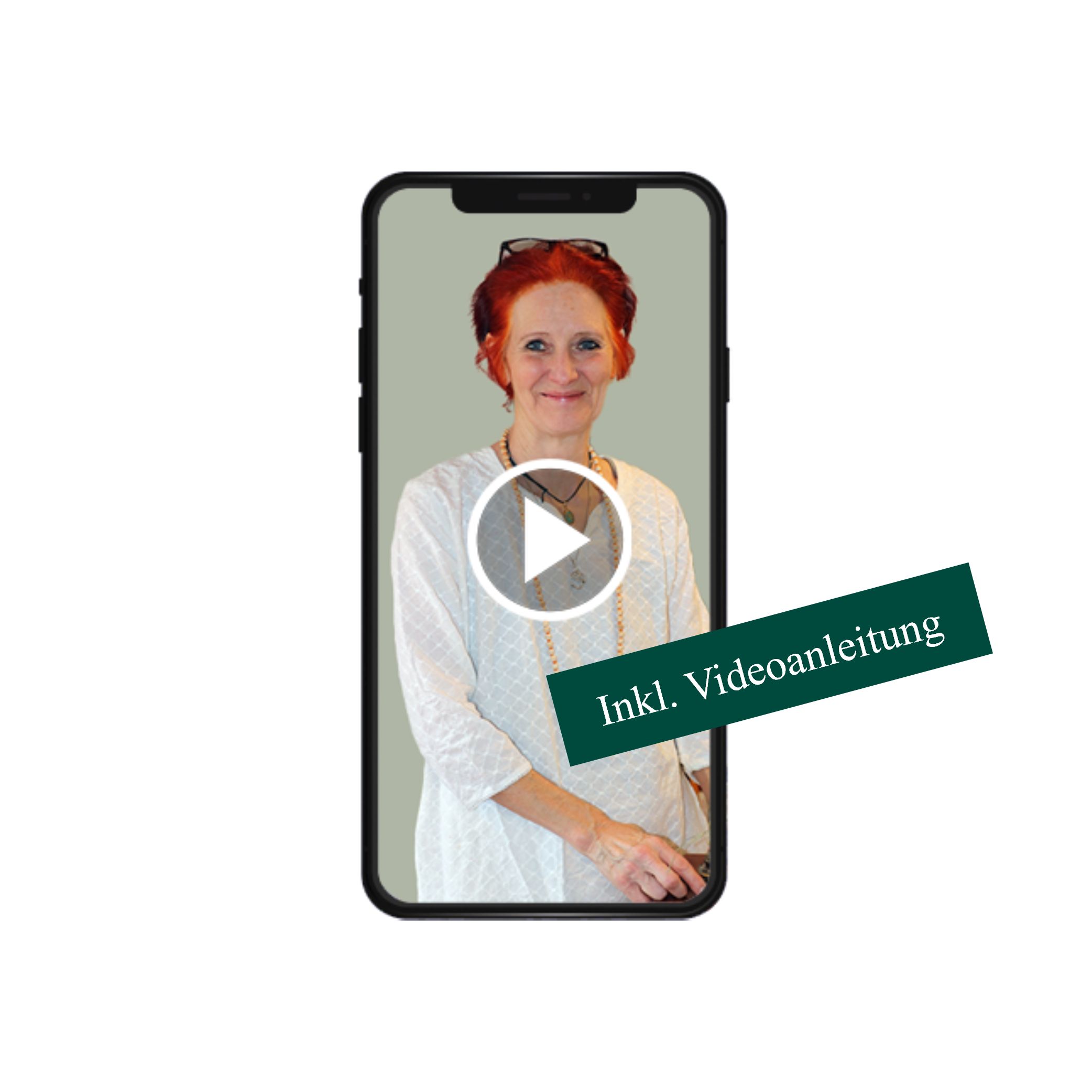 Smartphone mit Video einer Frau. Text: Inkl. Videoanleitung.
