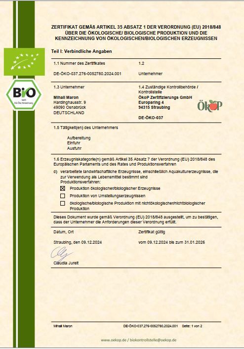 Zertifikat mit Bio-Siegel und Text. Angaben zu Zertifizierung und Unternehmen. ÖKO-Zertifizierung.