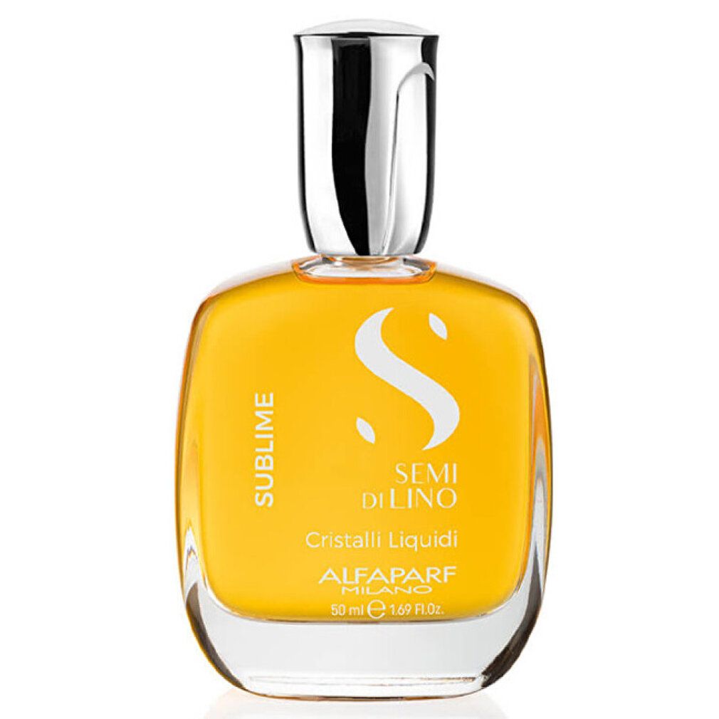 Goldfarbenes Haarserum in Glasflasche mit silbernem Verschluss. Marke: Alfaparf Milano.