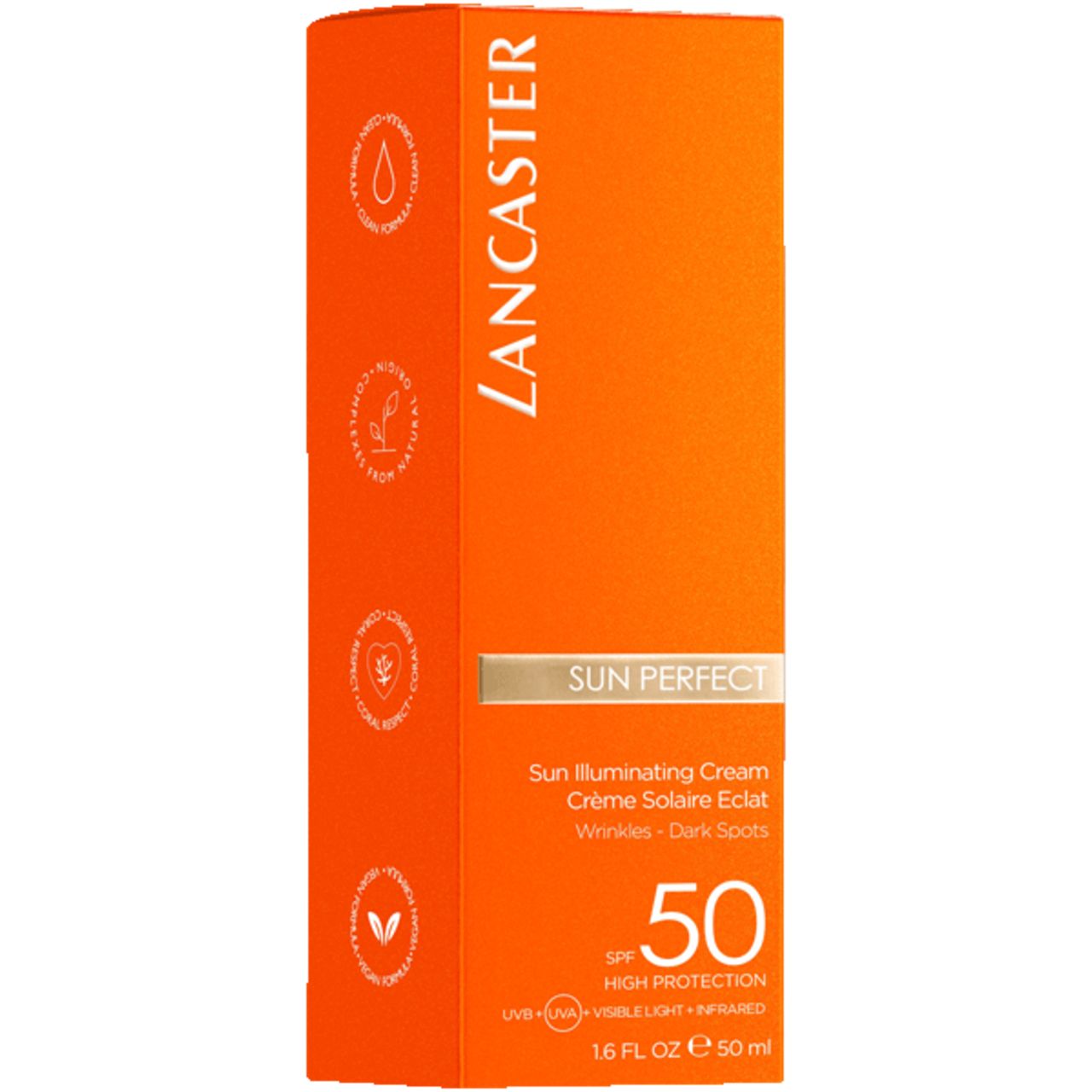 Orangefarbene Verpackung mit weißer Schrift. Aufschrift: Lancaster Sun Perfect, Crème Solaire Eclat, SPF 50. Gegen Falten und dunkle Flecken.