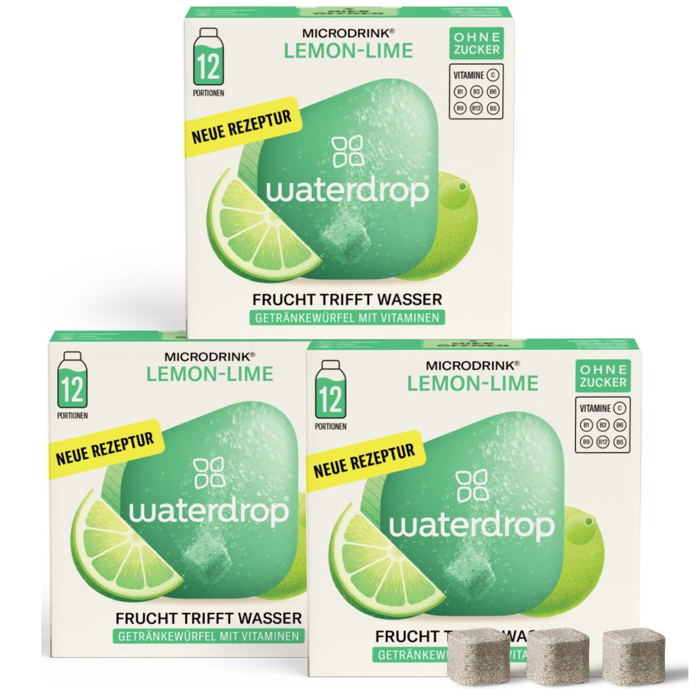 Drei Kartons waterdrop® Microdrink Lemon-Lime. Aufdruck: 12 Portionen, ohne Zucker, Vitamine. Limetten- und Zitronenscheiben.