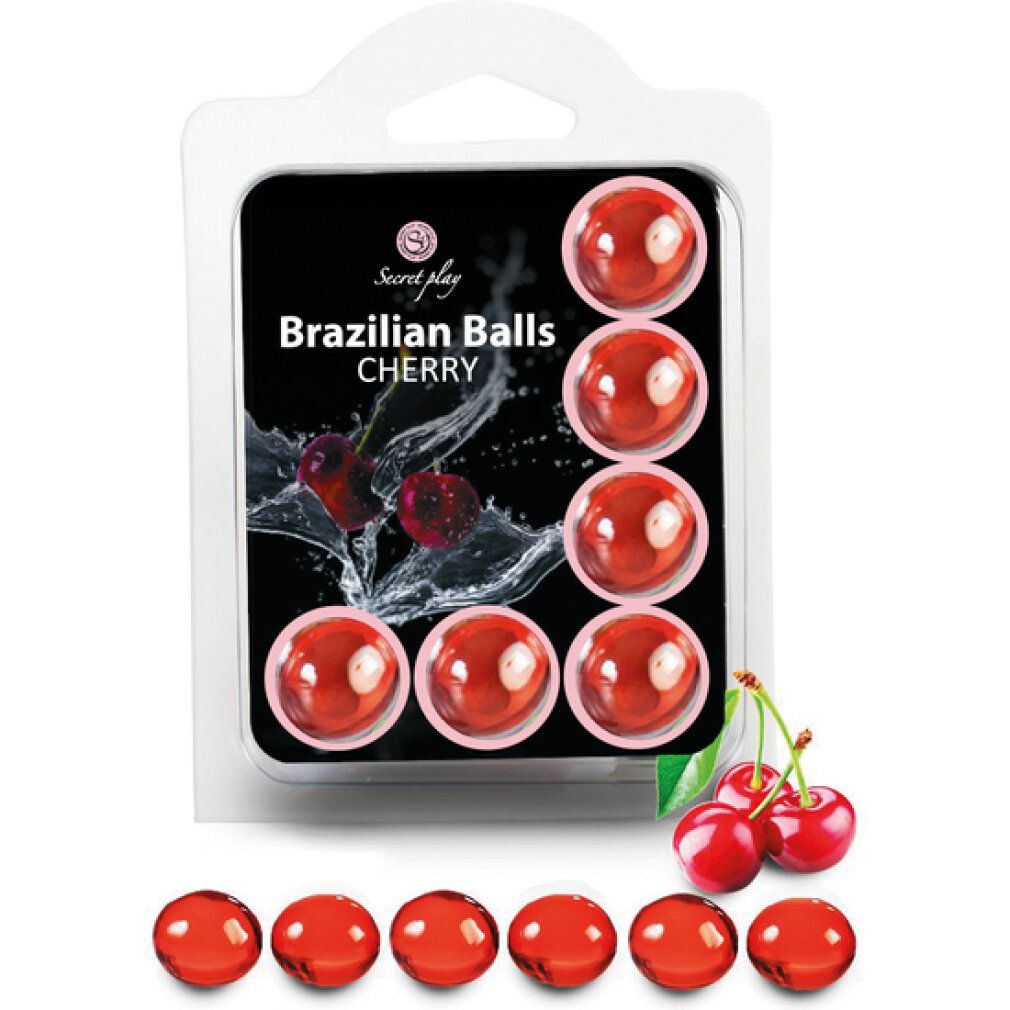 Verpackung mit 8 roten Kugeln, Kirsch-Design. "Secret Play Brazilian Balls Cherry" aufgedruckt.