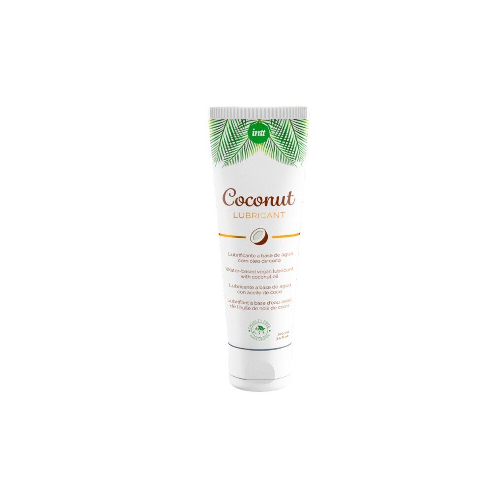 Tube "Coconut Lubricant". Grün-weiße Verpackung, Kokosnuss-Motiv. Vegan-Siegel.