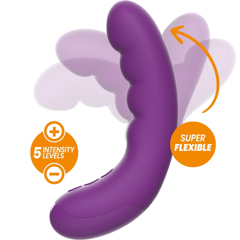 Lila Vibrator mit 5 Intensitätsstufen und der Aufschrift "Super Flexible".