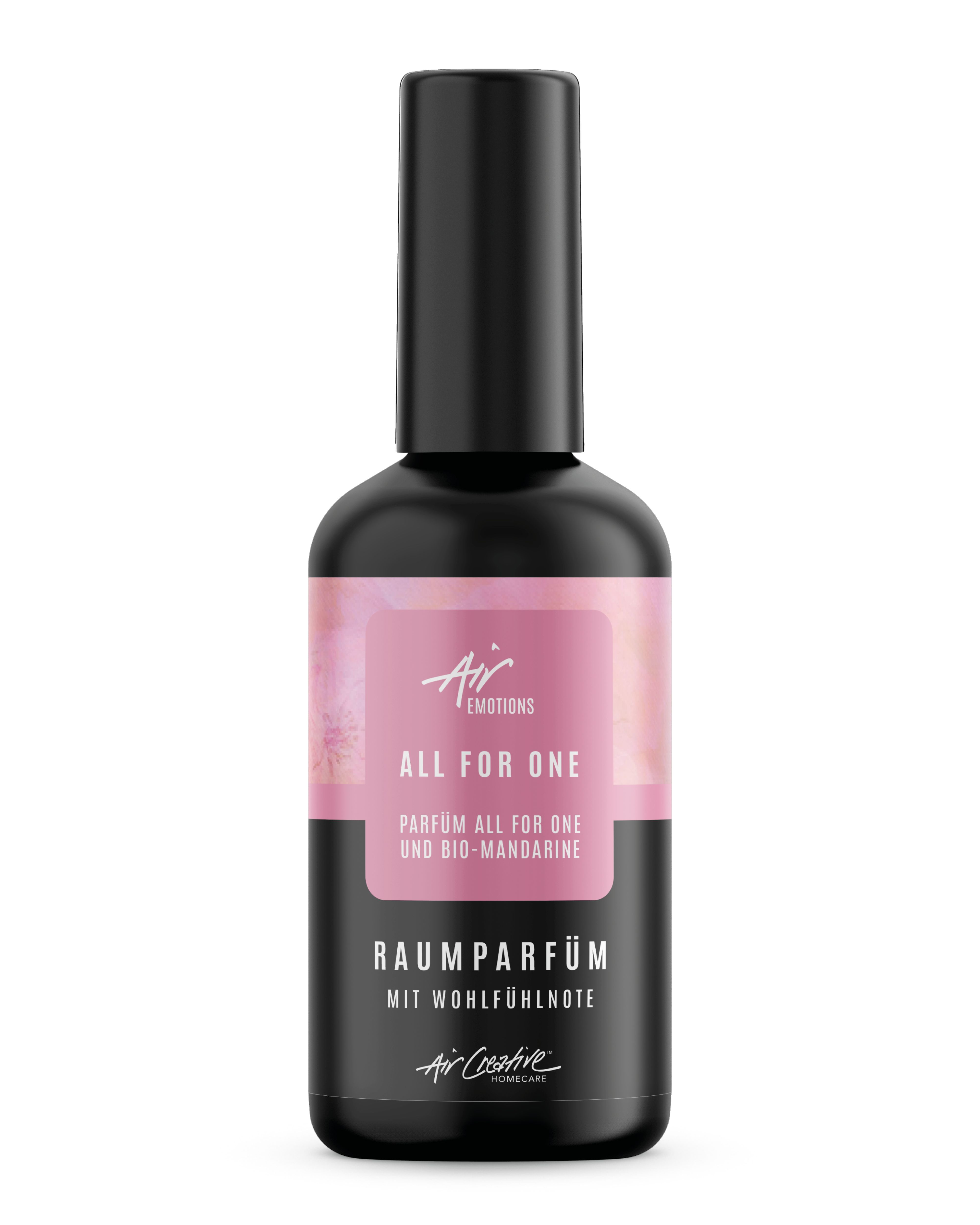 Schwarze Flasche mit rosa Etikett. Text: "Air Emotions", "All for one", "Raumparfüm mit BIO-Mandarine".