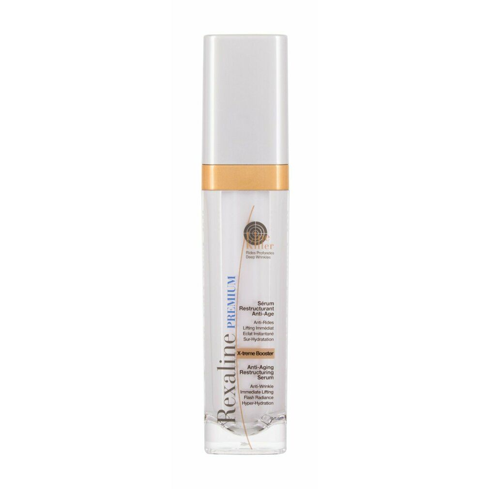 Transparente Serumflasche mit silberner Kappe und goldfarbenem Ring. Aufschrift: Rexaline Premium.