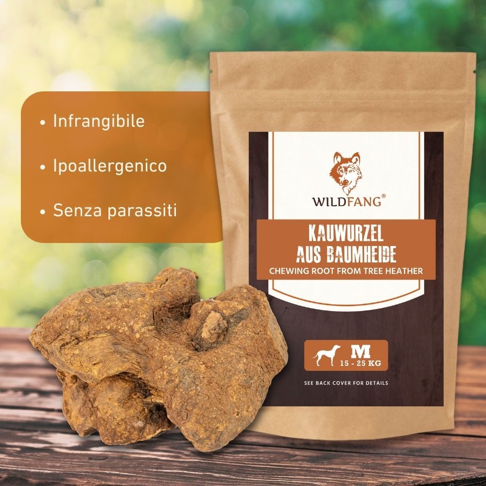 Kauw Wurzel aus Baumheide. Braune Wurzel neben einer Papiertüte mit Logo und Text. M-Größe für 15-25 kg.
