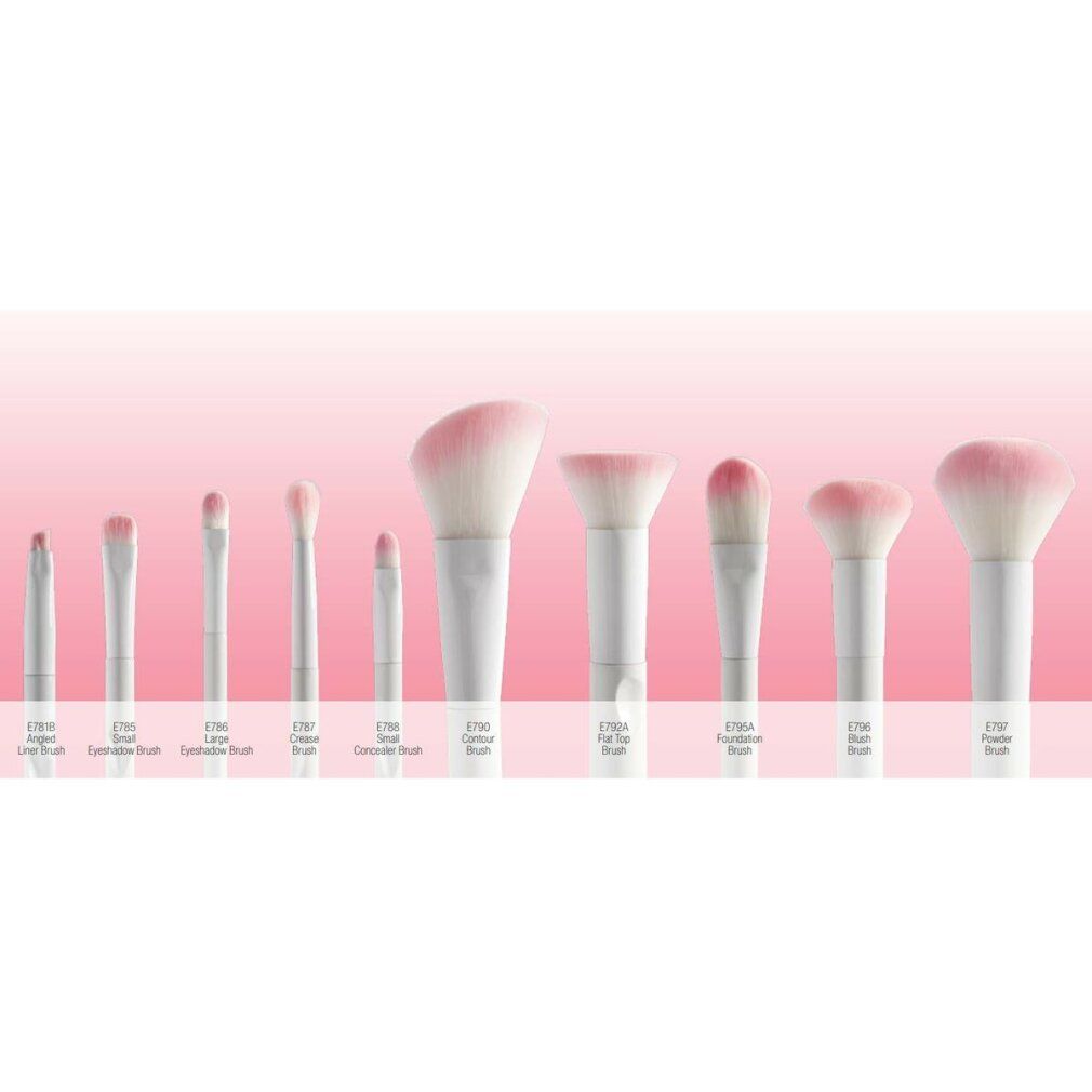Eine Reihe von Make-up-Pinseln, darunter Foundation-Pinsel, mit weißen Griffen und rosa Borsten. Die Marke ist "Wet n Wild".