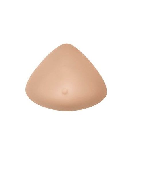 Brustprothese, dreieckige Form, hautfarben. Kleine Erhebung mittig. Glatte Oberfläche.