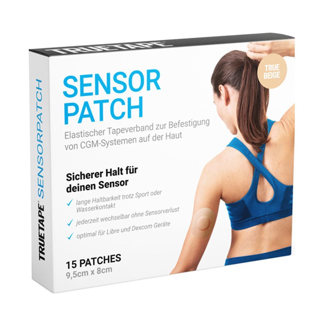 Verpackung von TRUETAPE® SENSORPATCH. Weißer Karton mit Produktname, 15 Patches, Abbildung einer Frau.