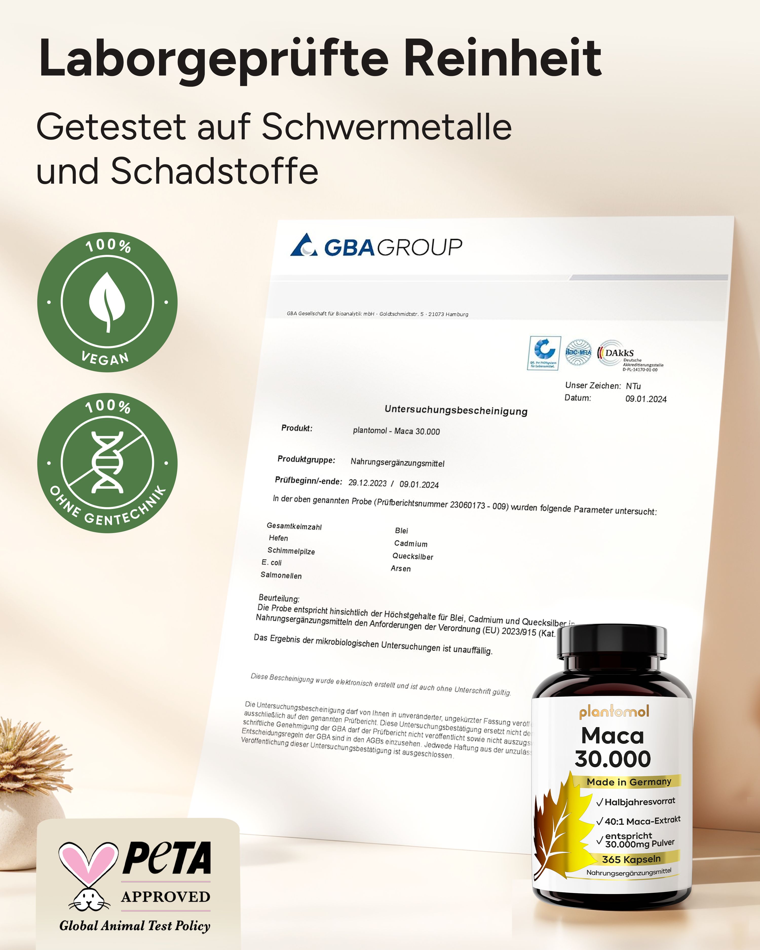 Zertifizierungen: 100% vegan, ohne Gentechnik, PETA-Approved. GBA-Gruppe-Bericht. Flasche plantomol® Maca 30.000.